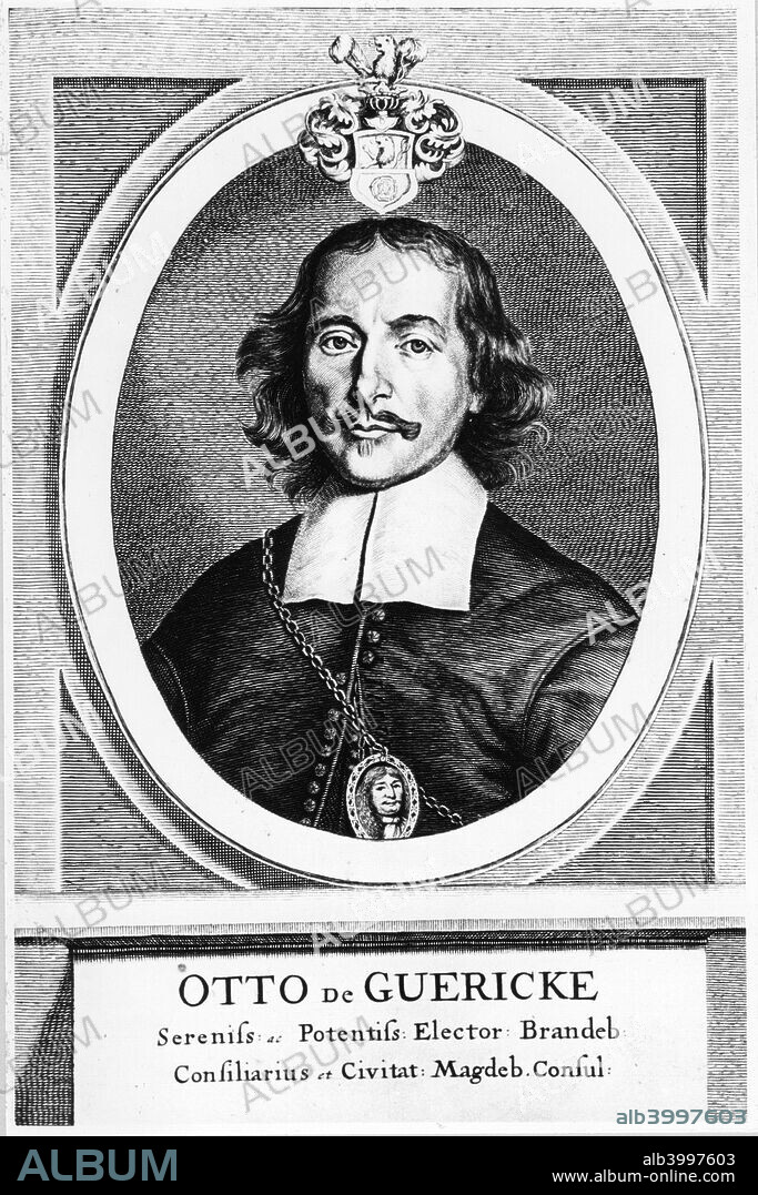 Otto von Guericke, German inventor, engineer and physicist, 1672. Portrait from his Eperimenta Nova, ut vocant, Magdeburgica, de vacuo Spatio (New Magdeburgian Experiments, as they are called, relating to a Vacuum),  (Amsterdam, 1672), in which he published details of his invention of the air pump (1650), and his experiments on the power of air pressure. In the most famous of these, he used an air-pump to remove the air from between two large close-fitting copper hemispheres, known as Magdeburg hemispheres. The effect of the air pressure on the two hemispheres was such that two teams of 8 horses could not separate them. Once the air was let back into the enclosure, however, the hemispheres were parted easily.