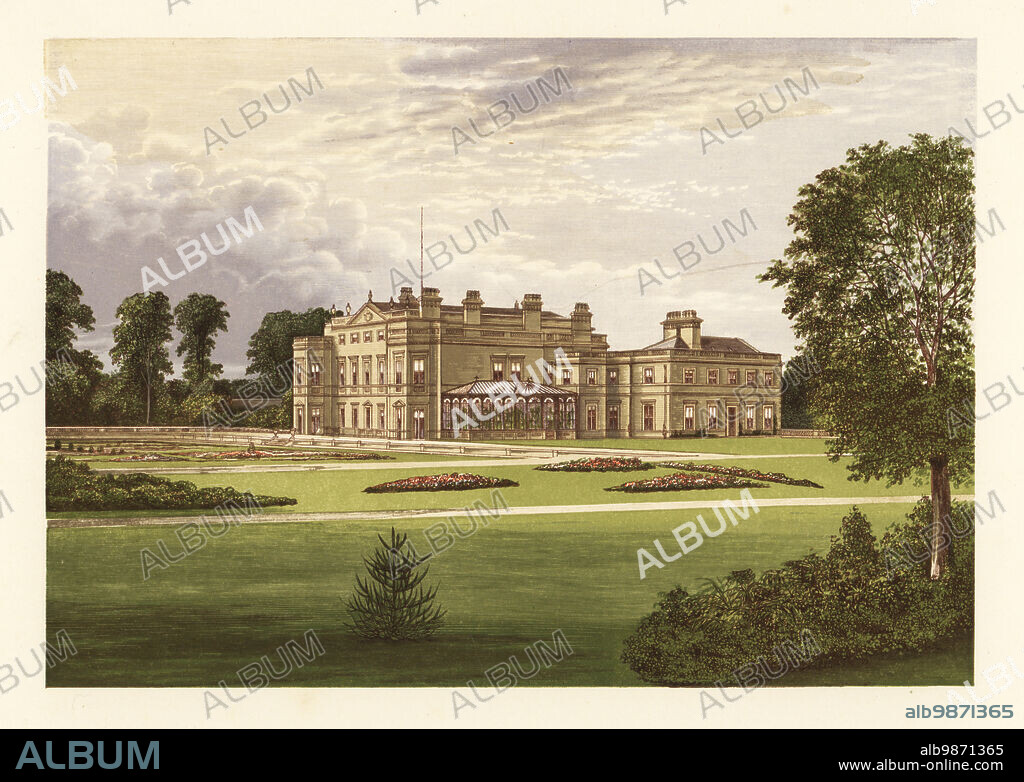 Dalton Hall, Yorkshire, England. Neo-classical hall built in 1771 by Thomas Atkinson for Sir Charles Hotham-Thompson, 8th Baronet, and remodelled with colonnade and balustrades in 1872 by Payne and Talbot for the 5th Baron Hotham. Colour woodblock by Benjamin Fawcett in the Baxter process of an illustration by Alexander Francis Lydon from Reverend Francis Orpen Morriss Picturesque Views of the Seats of Noblemen and Gentlemen of Great Britain and Ireland, William Mackenzie, London, 1880.