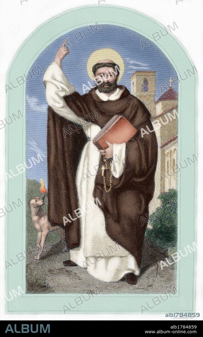 SANTO DOMINGO DE GUZMAN (1170-1221). Religioso español, fundador de la Orden de Predicadores (Orden de los Dominicos). Siglos XII-XIII. Grabado coloreado del siglo XIX.