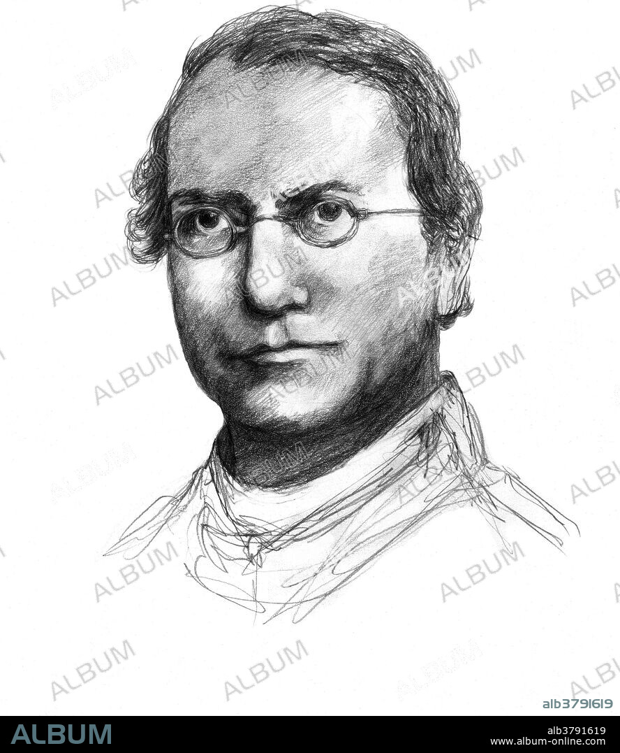 Illustration of Gregor Johann Mendel (1822-1884), Austrian botanist and founder of genetics. Mendel, the abbot of an abbey in Brno, carried out breeding experiments with pea plants. His results revealed the statistical laws of heredity, and he postulated the existence of a unit of heredity that is now called the gene.