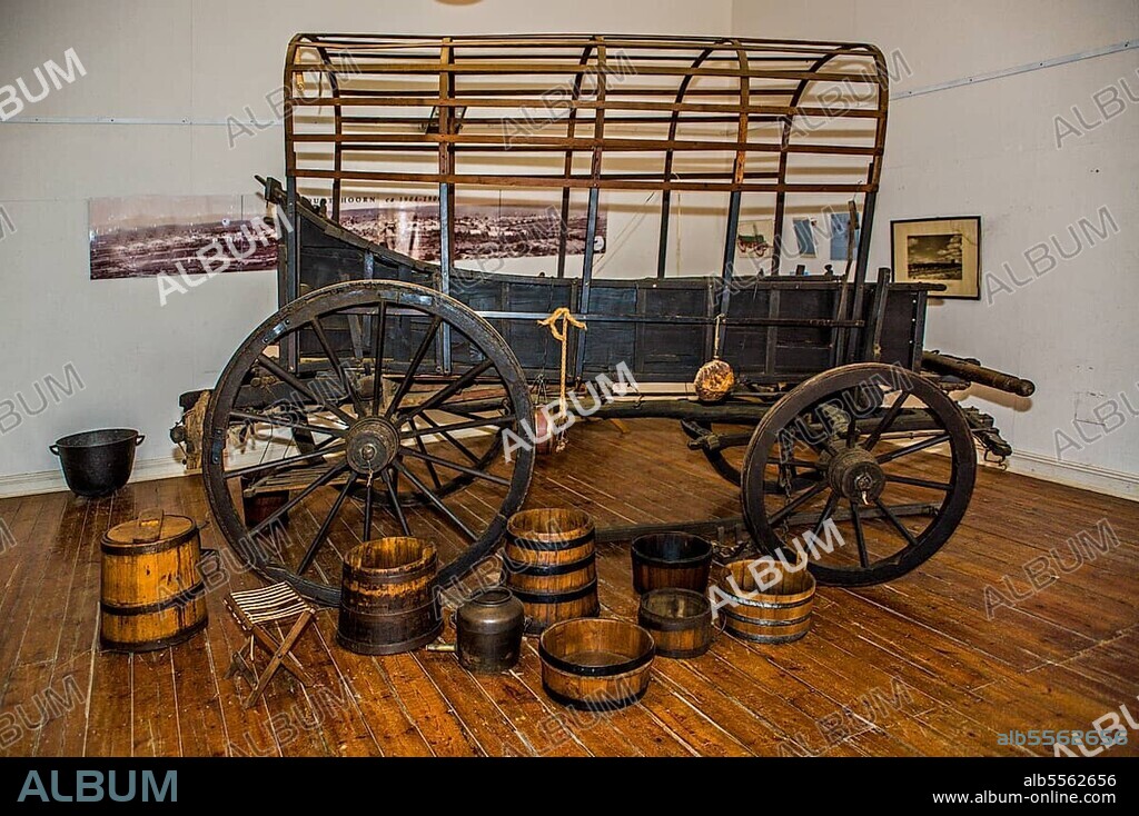 Ox cart from the Karoo, used as a supply wagon in 1839, CP Nel Museum of Ostrich History, Oudtshoorn, South Africa, Western Cape, Africa.
