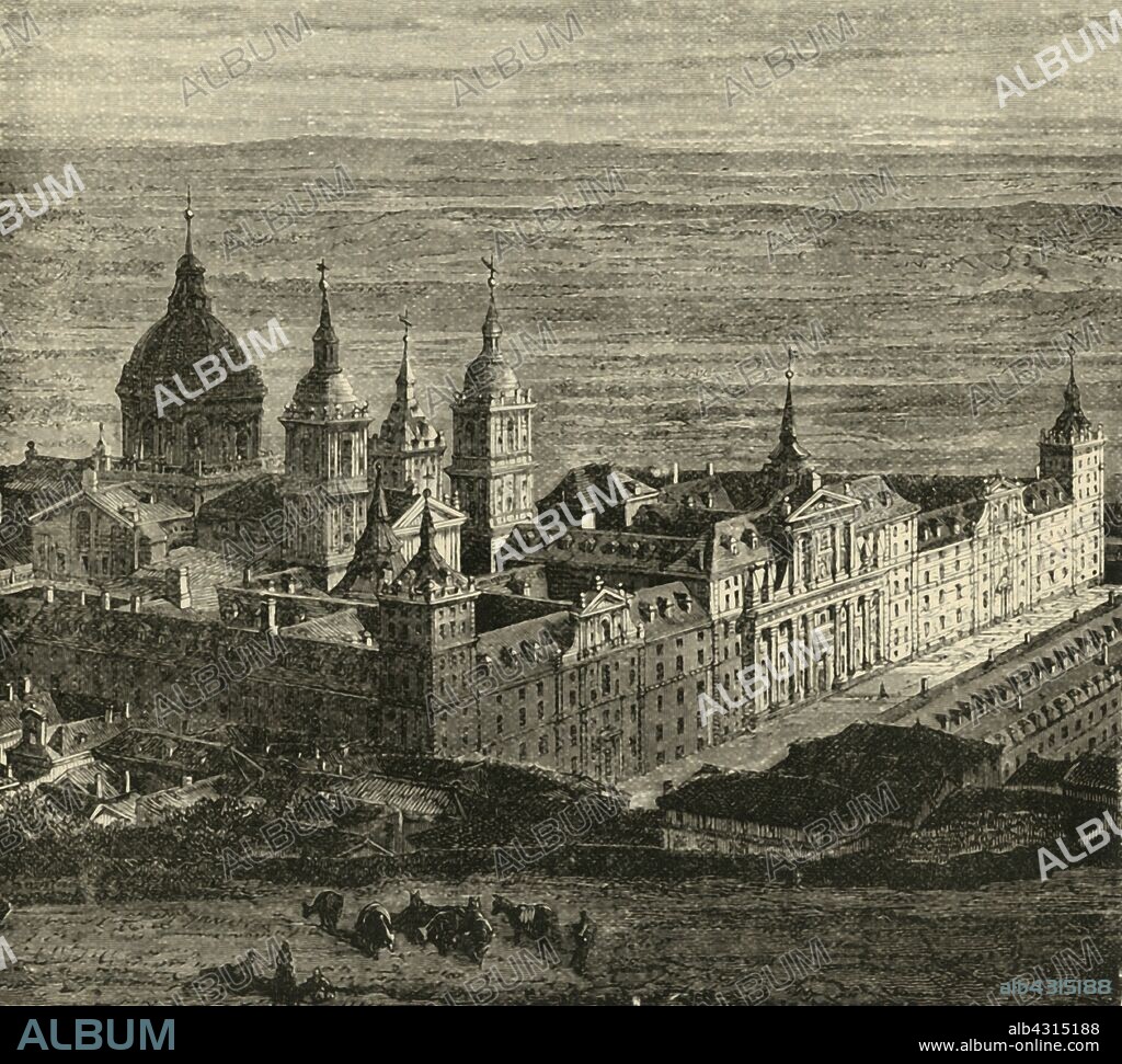 'The Escurial, near Madrid', 1890. El Escorial, historic residence of the King of Spain, in San Lorenzo de El Escorial. Philip II of Spain engaged Spanish architect Juan Bautista de Toledo on designs in the 16th century. Listed as a World Heritage Site.  From "Cassell's Illustrated Universal History, Vol. IV - Modern History", by Edmund Ollier. [Cassell and Company, Limited, London, Paris and Melbourne, 1890].