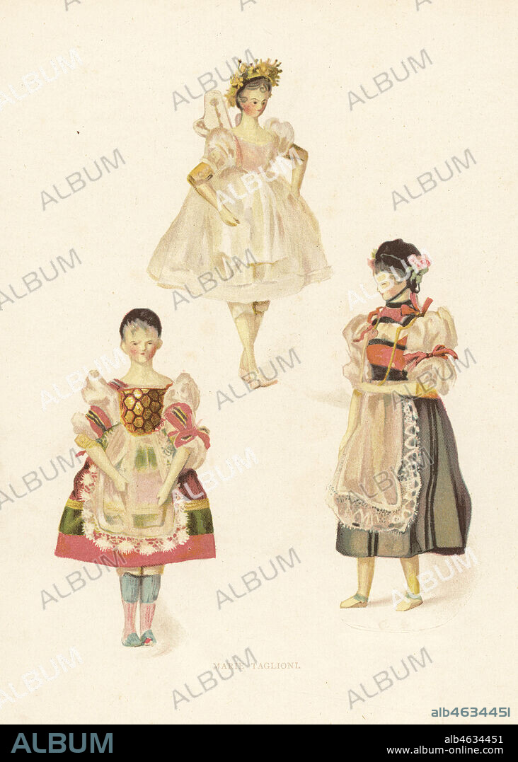 Ballerina Marie Taglioni dolls dressed in costumes of La Bayadere, La Sylphide and William Tell by young Princess Victoria. Color plate after an illustration by Alan Wright from Frances H. Lows Queen Victorias Dolls, George Newness, London, 1894.