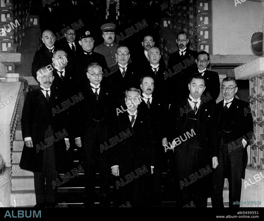 Baron Kiichiro Hiranuma Heads New Cabinet Of Japan -- The first photograph taken of the new cabinet of Japan, headed by Premier Baron Kiichiro Hiranuma, which came into existence this evening at 7:30 o'clock with the investiture of its members by the Emperor, following the resignation of the Konoye Cabinet on the morning of January 4th. Its first meeting was held at 8:15 o'clock, at the Premier's official residence, at which it approved the Premier's statement pledging continuance of the former, Konoye cabinet's policies on the Sino-Japanese affairs.Left to Right: (front row) Baron Kiichiro Hiranuma, Premier; Prince Fumimaro Konoe, Minister without portfolio (and President of the Privy Council); (Second row) Baron Sadao Araki, Education Minister; Hachiro Arita, Foreign Minister; Marquis Koichi Kido, Home Minister; Suehiko Shiono, Justice Minister and concurrently Communications Minister; (Third row) Yoshiaki Hatta, Commerce and Industry Minister and concurrently Overseas Minister; Yuk.