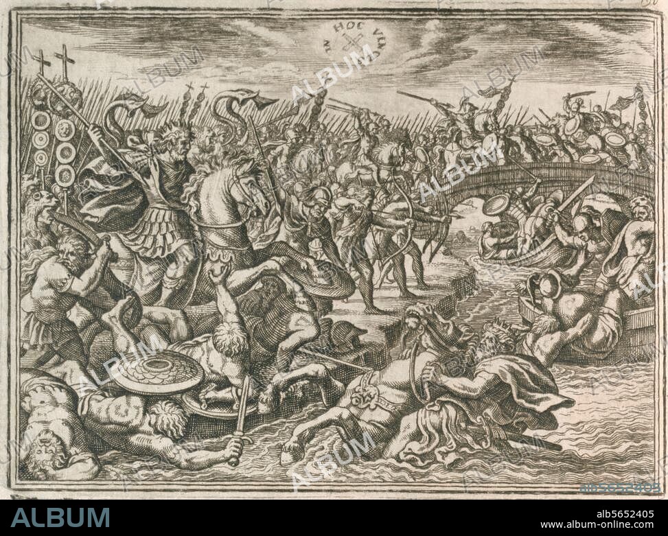MATTHÄUS MERIAN DER. Römisches Reich / Schlacht an der Milvischen Brücke, 28. Oktober 312 (Kaiser Kaiser Konstantin d. Gr. siegt über den Gegenkaiser Maxentius). "Maxentius kommt um". Kupferstich von Matthäus Merian d. Ä. (1593-1650). Aus: Johann Ludwig Gottfried, Historische Chronica, Frankfurt a. M. (M.Merian) 1630, S. 372. Berlin, Sammlung Archiv für Kunst und Geschichte.