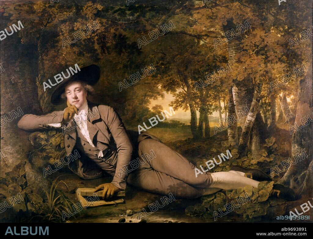 Sir Brooke Boothby - by Joseph Wright. Brooke Boothby lies, punningly, beside a brook, opening himself up to nature. His pose, finger to his face, suggests a delicate sensibility. It's a flamboyant departure from the conventions of the society portrait in which people in wigs would sit or stand authoritatively - they certainly didn't lie down. Boothby's relaxation is an act of intimacy with the viewer. He has nothing to hide or hold back. He is as pure as a rustic stream, not in society but in nature that is, he rejects the formal and indirect relationships of cultivated modern life in favour of a direct and authentic act of communion, as if this were the Golden Age and we were all shepherds together. As if his pose did not make this plain enough, in an untamed woodland with open country and the glowing sky behind him, he holds a work by Rousseau, whose arguments for simple living and a return to nature shook 18th-century Europe and were holy writ for the French Revolution. People read a lot in 18th-century art. Reading is an image of introspection, and Rousseau was a man dedicated to promoting feeling and sensitivity through books. The edition of Rousseau on which Boothby rests his gloved hand - presumably the book he himself published - is a sensual object, bound in calf skin, a book not of hard facts but tender emotions. Through this book we are invited to see the landscape itself as loving and meaningful, a place to dream and escape the shallow world of the city. Yet if Brooke Boothby is an early Romantic, he is not any kind of savage, noble or otherwise. He is a gentleman, fashionably dressed in broad-brimmed hat, ruffled collar and elegant suit. Any sentiment Boothby espouses will be a well-dressed one and the revolution will not overturn standards of tailoring. ©TopFoto.