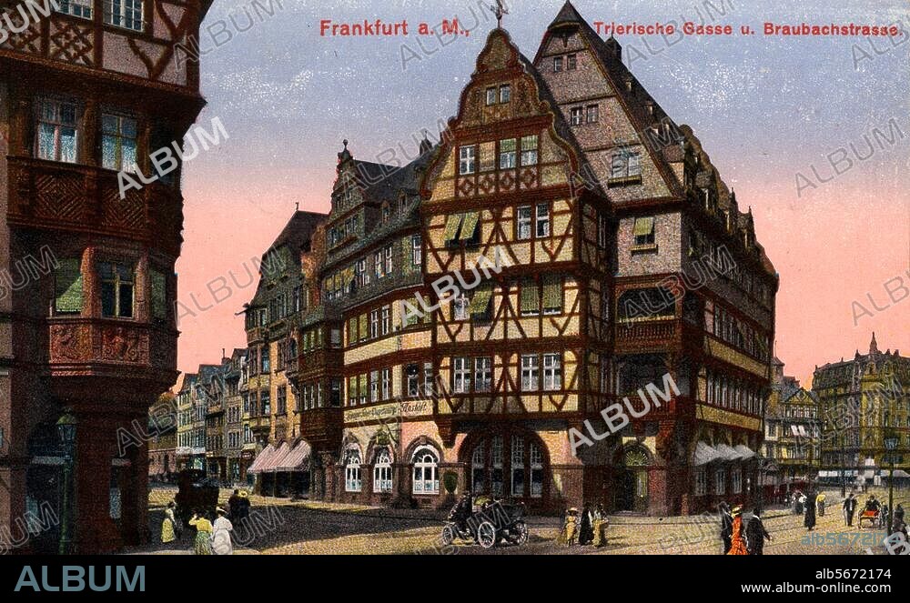 Frankfurt am Main, Trierische Gasse. Trierische Gasse und Braubachstrasse. Postkarte (Foto, koloriert), um 1915.
