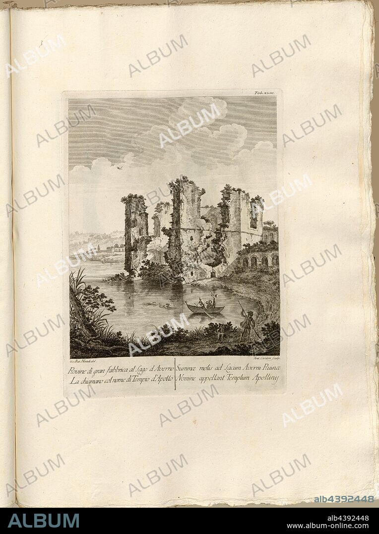 Ruins of a large factory at Lake Averno They call it the name of Tempio di Apollo, Ruin of the Temple of Apollo on Lago d'Averno in Pozzuoli, signed: Gio., Bat., Natali del, Ant. Cardon scul, Tab. XLIII, Natali, Giovan Battista (del.); Cardon, Antoine Alexandre Joseph (sc.), 1768, Paolo Antonius Paoli: Avanzi delle antichita esistenti a Pozzuoli Cuma e Baja. [Neapel]: [s.n.], Anno A.C.N.MDCCLXVIII. [1768].