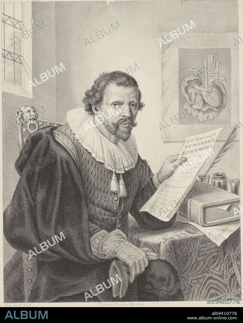 Jan Swammerdam in his study, Johann Peter Berghaus, after Jan Stolker, after Rembrandt van Rijn, 1820 - 1870, The person portrayed is seated at a table with a book, papers and writing utensils on it. On the wall hangs an anatomical drawing of the lungs. He has removed his left glove and is holding it with his right hand. In his left hand he holds a document. The print is based on a portrait of Swammerdam in the painting The Anatomy Lesson of Dr. Nicolaes Tulp, by Rembrandt. Below the portrait the name, place of residence, date of birth and death of Swammerdam., print maker: Johann Peter Berghaus, (mentioned on object), Jan Stolker, (mentioned on object), after: Rembrandt van Rijn, (mentioned on object), print maker: Leiden, Netherlands, after: Netherlands, printer: Leiden, 1820 - 1870, paper, h 390 mm × w 290 mm.