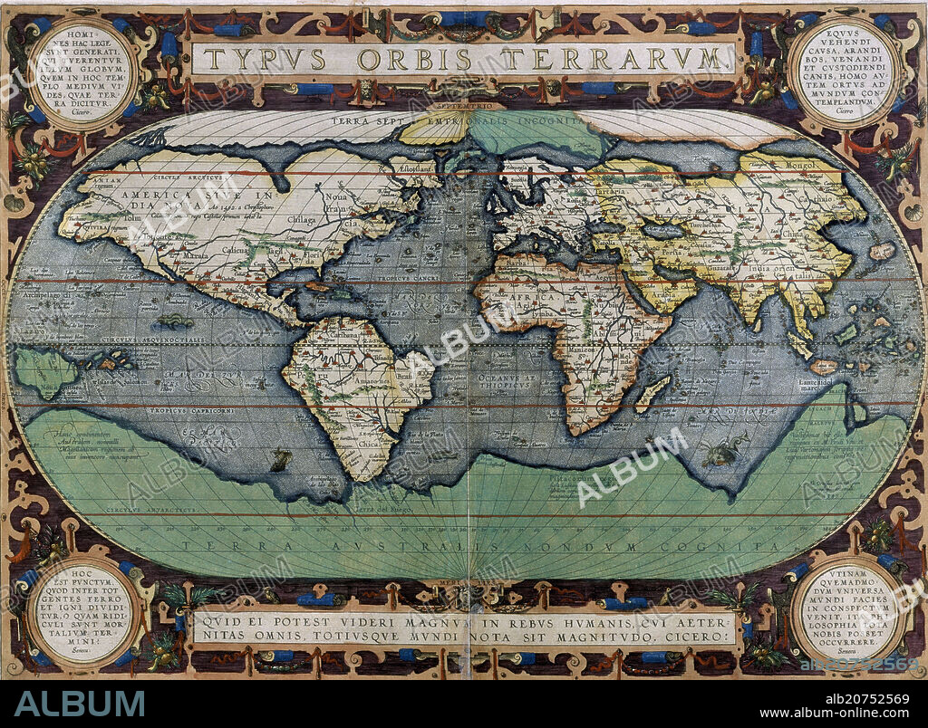ABRAHAM ORTELIUS (1527-1598). Typus Orbis Terrarum, map of the world, from Ortelius's 'Theatrum Orbis Terrarum', Antwerp - 1579 - hand-coloured engraving.