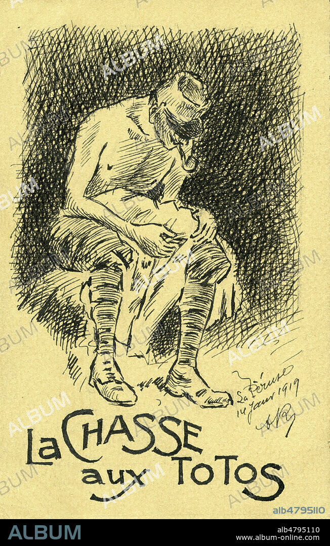'La chasse aux totos' : un soldat enleve les puces et les poux de ses vetements. Dessin original par Arthur RATHUILLE pour une carte postale vers 1919. Credit : Collection IM/Kharbine-Tapabor.