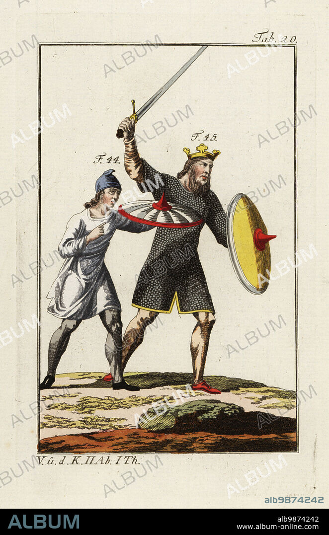 Anglo Saxon king in battle wearing a crown, knee-length chain-mail tunic or lorica, a suit of armour reserved for royalty in the 8th century. He carries a yellow shield and brandishes a sword above his head 45. Identified as Pepin II, the Younger, King of Aquitaine, 823c.864. His equerry wears a blue cloth hat Phrygian cap and white tunica, and carries a white shield rimmed with scarlet 44. Handcolored copperplate engraving from Robert von Spalart's Historical Picture of the Costumes of the Principal People of Antiquity and Middle Ages, Vienna, 1796.