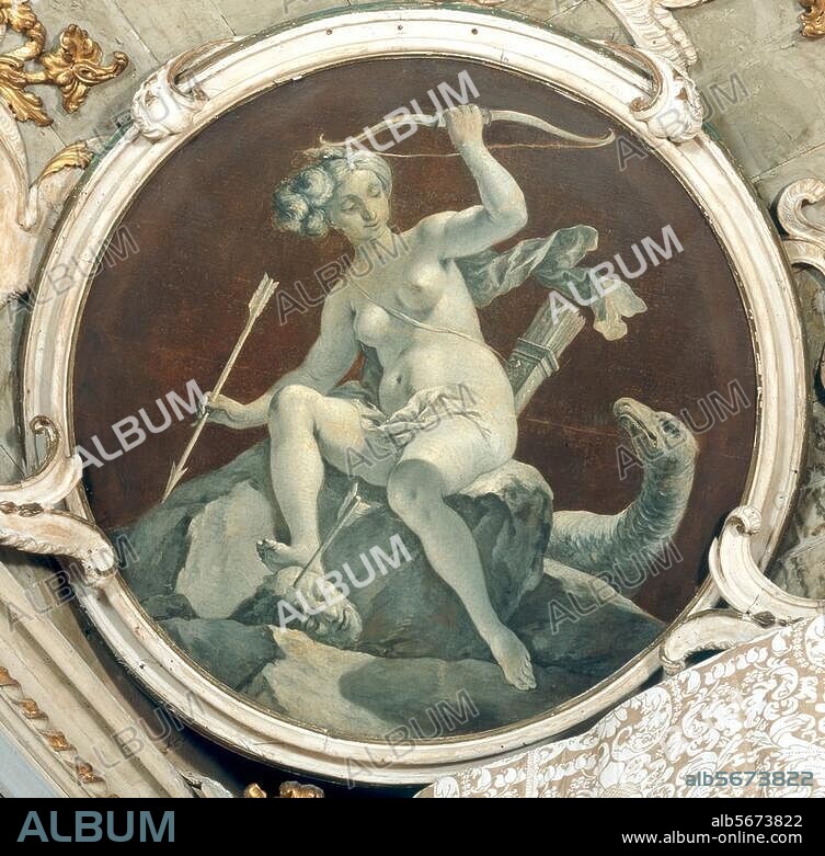 GIROLAMO BRUSAFERRO. Brusaferro, Girolamo c. 1700 - 1760. "America". Ceiling painting. Oil on canvas. From a series of the four continents. Venice, Ca' Rezzonico, Sala del Brustolon.