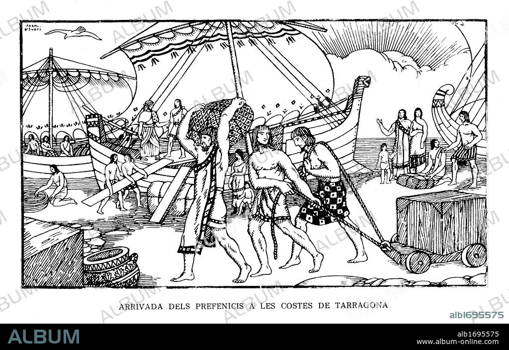 Llegada de los pre-fenicios a las costa de Tarragona. Historia popular de Catalunya, de Alfons Roure. Editada en Barcelona, 1919. Dibujo de Joan Vila i Pujol (Joan d'Ivori) (Barcelona, 1890-1947).