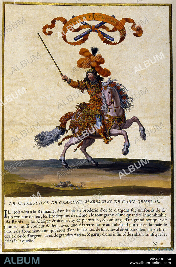 Le Marechal de GRAMONT : Antoine III duc et marechal de Gramont-Touloujon (1604-1678) militaire francais du 17eme siecle. Courses de tetes et de bagues faites par le roi et par les princes et seigneurs, luxueux volume orné de gravures sorti des presses de l'Imprimerie Royale, publie une relation du carrousel de 1662, ouvrage par Charles PERRAULT . Loisirs a la cour de LOUIS XIV . gravures coloriees par Israel Silvestre et Chauveau. 17eme siecle XVIIe s. Credit JEAN VIGNE / KHARBINE TAPABOR.