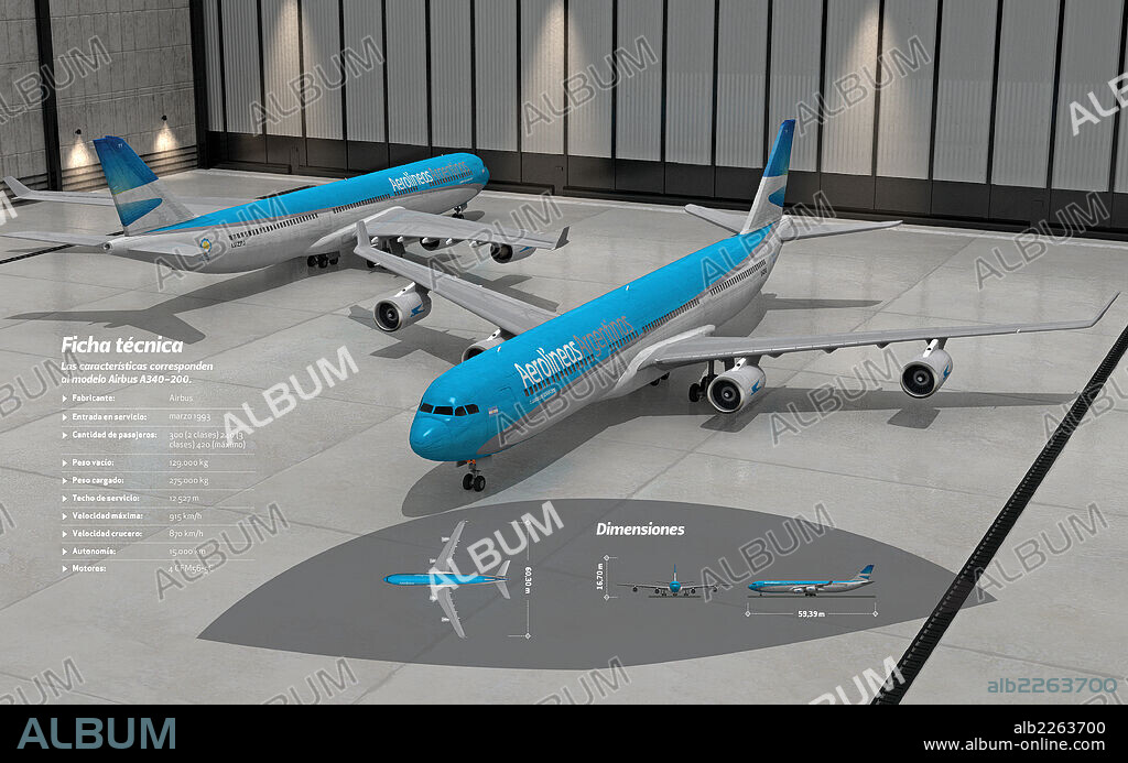 Airbus A340 200. Infografía sobre las características técnicas y dimensiones del modelo de avión comercial Airbus A340 200 que entró en servicio en 1993.