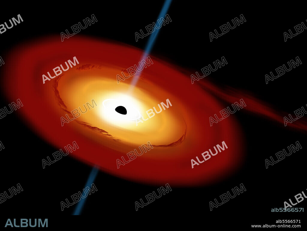 An artist's depiction of a black hole and it's accretion disk in interstellar space pulling in gas and dust from a nearby nebula. Gamma ray bursts exit at the black hole's poles and shoot into space.