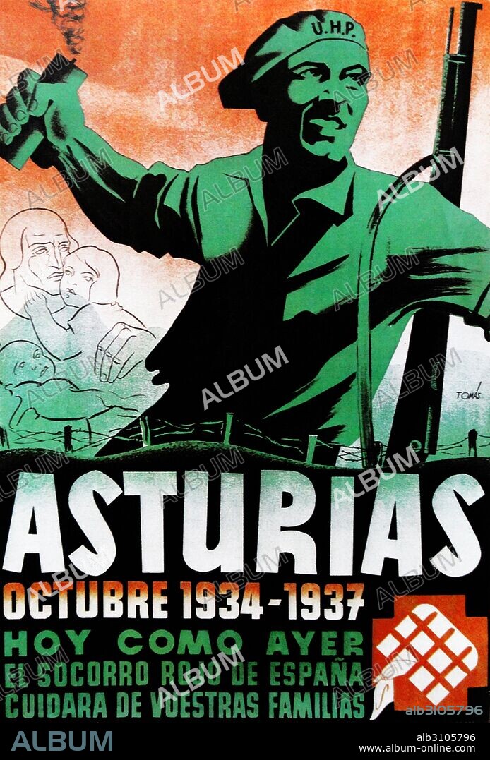Republican Spanish poster to recall the Asturias Revolution of 1934. The Asturian miners' strike of 1934 was a major strike action, against the entry of the Spanish Confederation of the Autonomous Right (CEDA) into the Spanish government, which took place in Asturias in northern Spain, that developed into a revolutionary uprising. It was crushed by the Spanish Navy and the Spanish Republican Army.