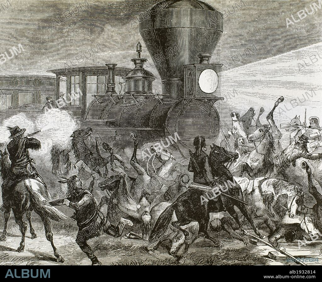HISTORIA DEL OESTE AMERICANO. Siglo XIX. Tren de la UNION PACIFIC atacado por los indios el 14 de junio de 1870, un año después que la linea transcontinental fuera finalizada. Grabado del diario ilustrado de FRANK LESLIE del 9 de julio de 1870.