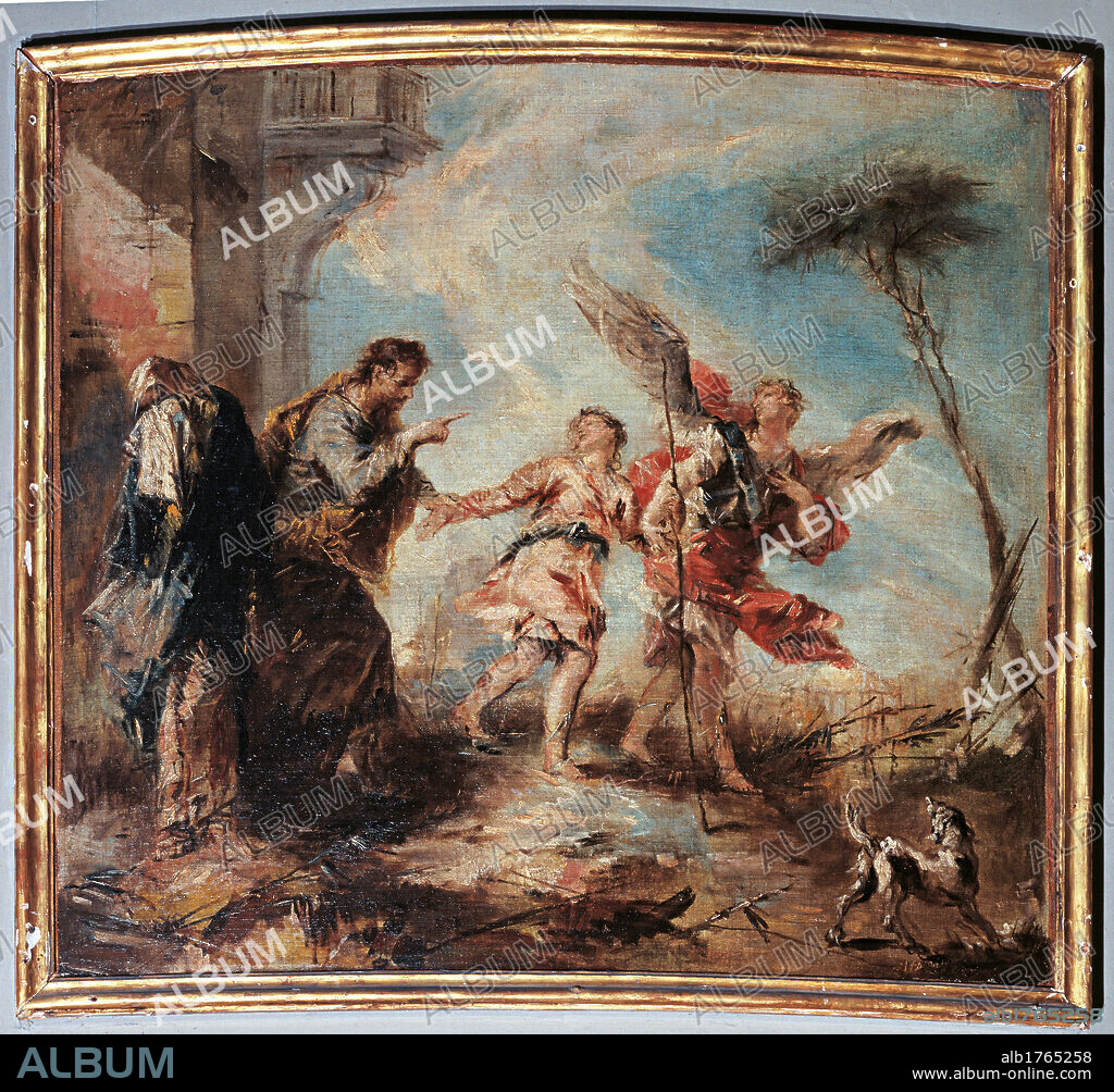 The Departure of Tobias, by Giovanni Antonio Guardi, 1749-1750, 18th Century, oil on canvas, cm 80 x 91. Italy, Veneto, Venice, Angelo Raffaele Church. All. Tobias dog angel Raphael.