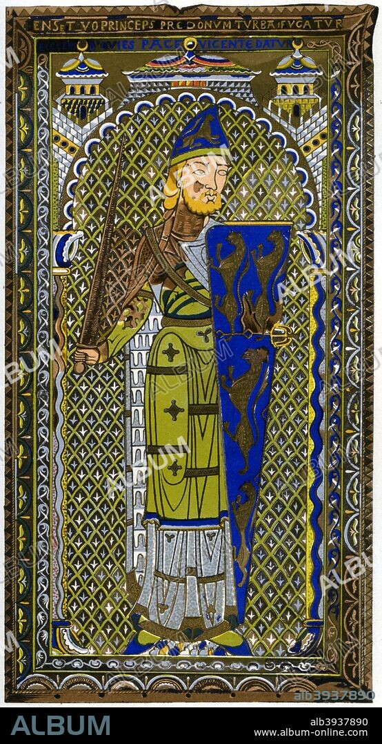 Representation of the enamel effigy of Geoffrey V, Count of Anjou (1113-1151), on his tomb at Le Mans Cathedral, Le Mans, France, 1849. From Le Moyen Age et la Renaissance, by Paul Lacroix, Ferdinand Séré and A Rivaud, volume V (Paris, 1849).