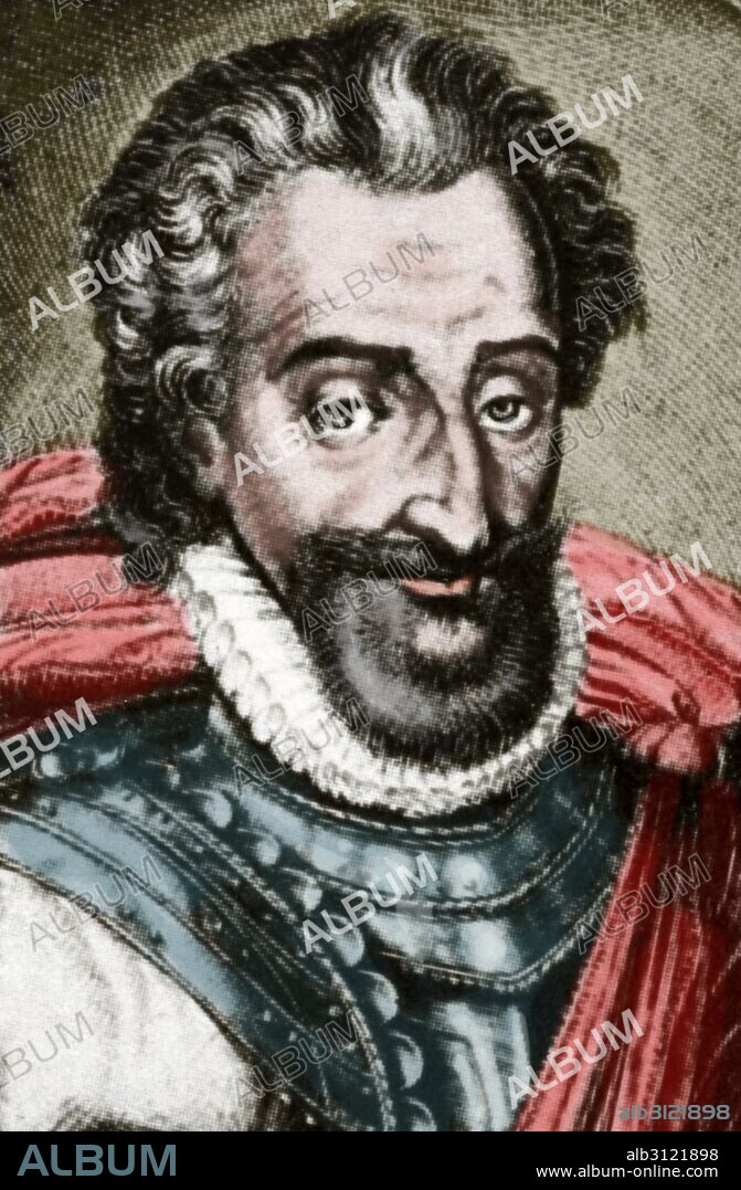 ENRIQUE IV "el Grande" (Pau, 1553-París, 1610). Rey de Navarra en 1562 (Enrique III) y rey de Francia (1589-1610). Jefe de los hugonotes (1569), sucedió a su madre Juana de Albret en Navarra. Tras su alianza con los protestantes estableció la tolerancia religiosa. Fue asesinado por el fanático católico Ravaillac. Grabado coloreado.