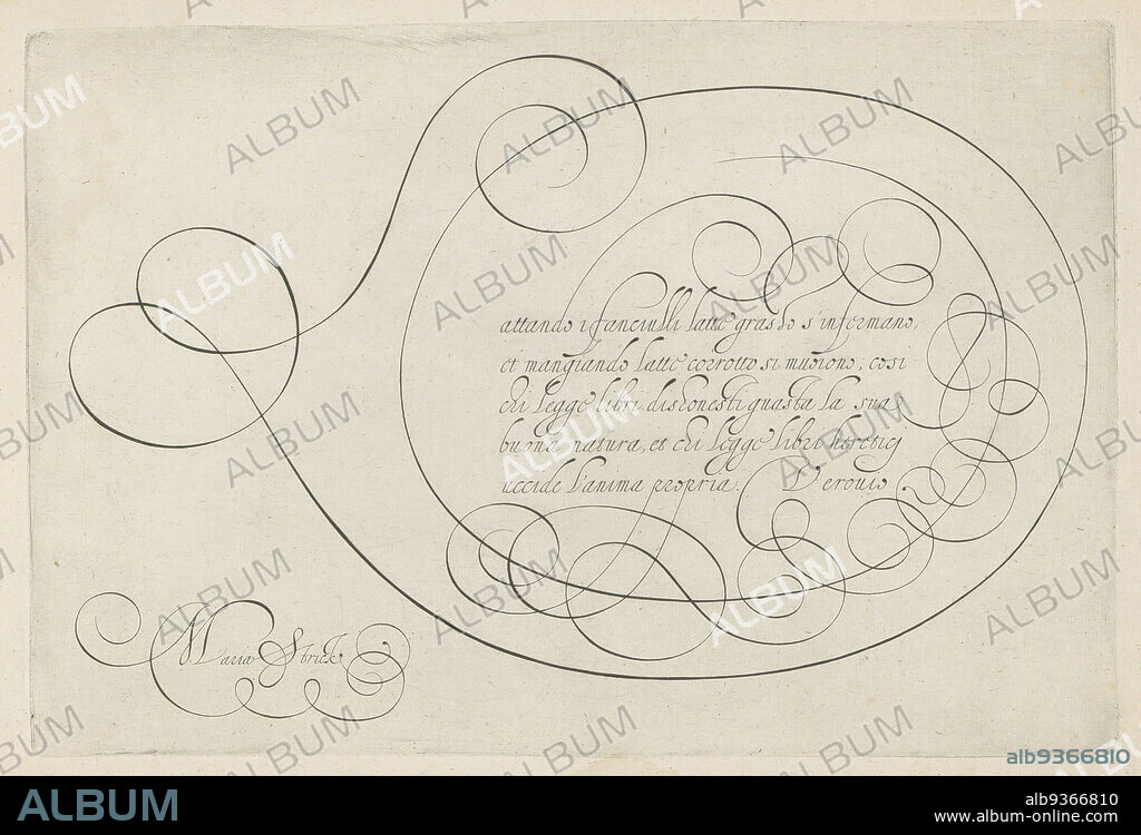 Writing sample with capital LSchat oft voorbeelt ende verthooninge van verscheyden geschriften (...) (series title), Writing sample in Italian with capital L and five lines of text: Lattando i fanciulli (...). Framed by calligraphic scrollwork. The print is part of an album., print maker: Hans Strick, designer: Maria Strick (mentioned on object), Rotterdam, 1618, paper, engraving, height 200 mm × width 297 mm.