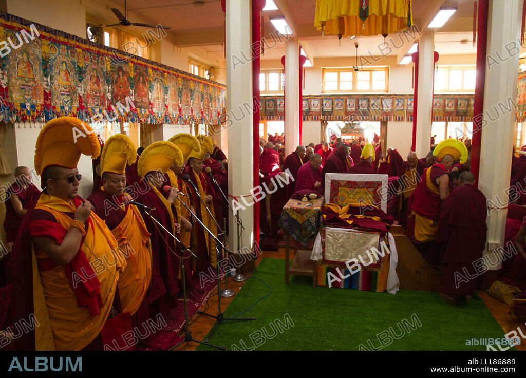 Tibetan Buddhist monks at Losar (Tibetan New Year) in the Dalai Lama Temple, McLeod Ganj, Dharamsala, Himachal Pradesh, India, Asia.