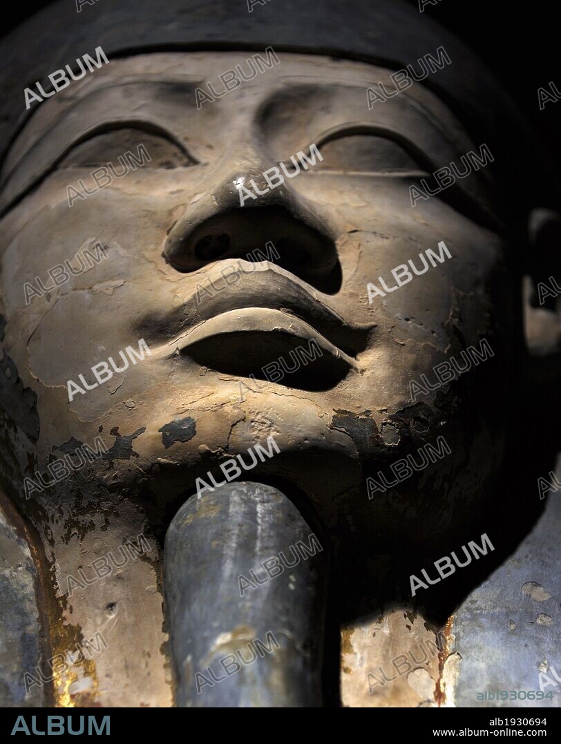 Egyptian Art. Sarcophagus of Nesi-Hor. C. 200 B.C. Detail. Face. Ptolemaic Egypt. Carlsberg Glyptotek Museum. Copenhagen. Denmark.