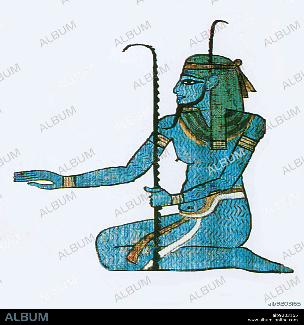 Hapi, the Egyptian god of the Nile River. Although male, he is depicted with breasts and a large belly, symbolizing the fertility of the river. His blue color also refers to the Nile.