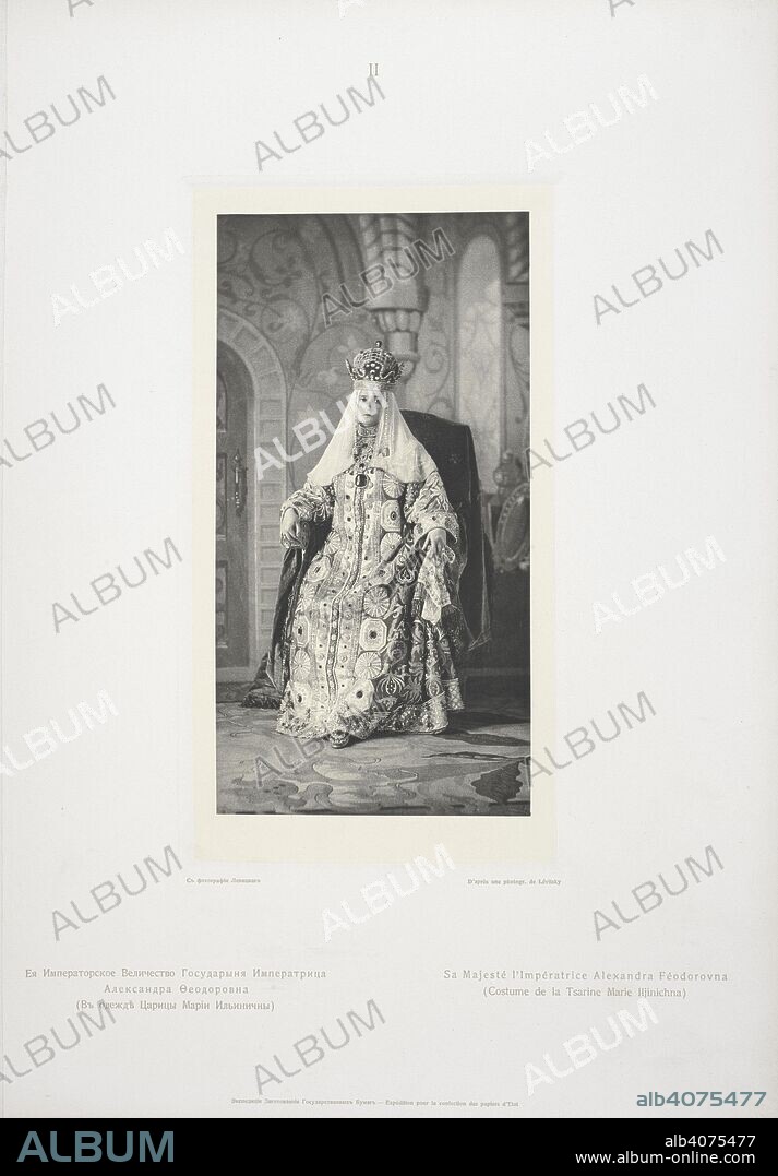 Sa Majeste l'imperatrice Alexandra Feodorovna.  Alexandra Feodorovna (Russian: Ð˜Ð¼Ð¿ÐµÑ€Ð°Ñ‚Ñ€Ð¸Ñ†Ð° ÐÐ»ÐµÐºÑÐ°Ð½Ð´Ñ€Ð° Ð¤Ñ‘Ð´Ð¾Ñ€Ð¾Ð²Ð½Ð°, Imperatritsa Aleksandra Fyodorovna) (1872 â€“ 1918), was Empress consort of Russia as the spouse of Nicholas II, the last Emperor of the Russian Empire, and was executed with her family by the Bolsheviks. ÐÐ»ÑŒÐ±Ð¾Ð¼ÑŠ ÐºÐ¾ÑÑ‚ÑŽÐ¼Ð¸Ñ€Ð¾Ð²Ð°Ð½Ð½Ð°Ð³Ð¾ Ð±Ð°Ð»Ð° Ð²ÑŠ Ð—Ð¸Ð¼Ð½ÐµÐ¼ÑŠ Ð”Ð²Ð¾Ñ€Ñ†Ñ£ Ð²ÑŠ Ñ„ÐµÐ²Ñ€Ð°Ð»Ñ£ 1903 Ð³. = Album du bal costumeÌ au Palais d'hiver : feÌvrier 1903. S.-Peterburg : EÌ‡kspeditï¸ sï¸¡iÌ„iï¸ aï¸¡ zagotovleniÌ„iï¸ aï¸¡ gos. bumag, 1904. Source: KTC.111.b.2 plate II. Language: Russian.
