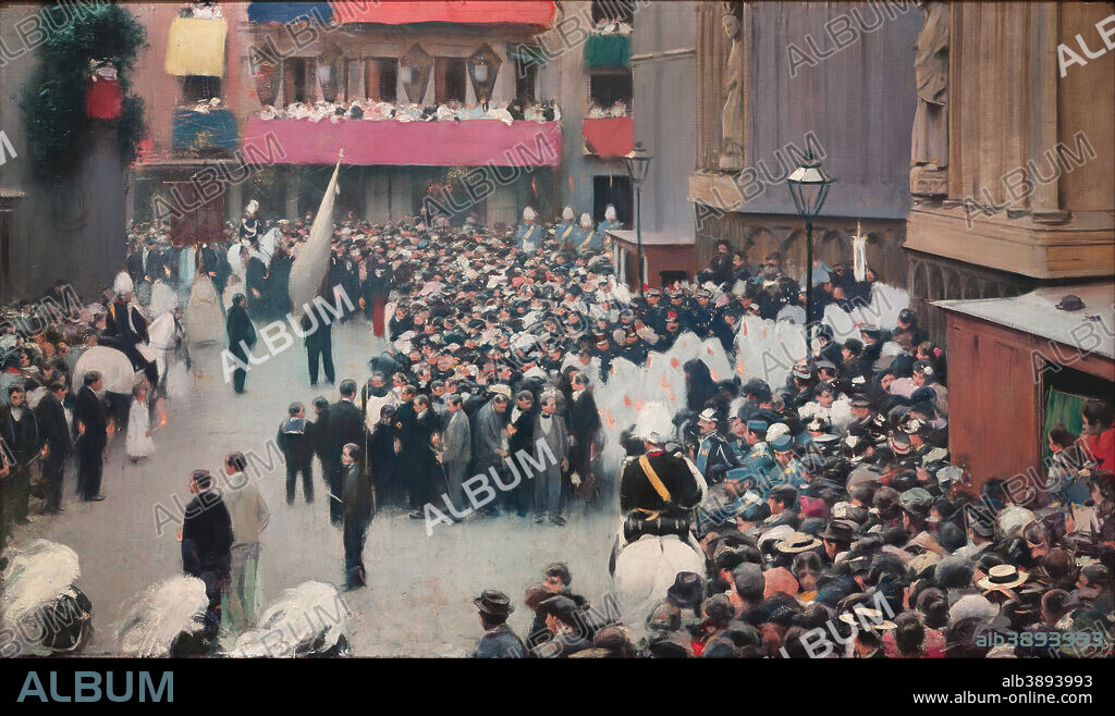 RAMON CASAS I CARBÓ. The Corpus Christi Procession Leaving the Church of Santa Maria del Mar. Date/Period: Ca. 1896-1898. Painting. Oil on canvas. Height: 1,155 mm (45.47 in); Width: 1,960 mm (77.16 in).