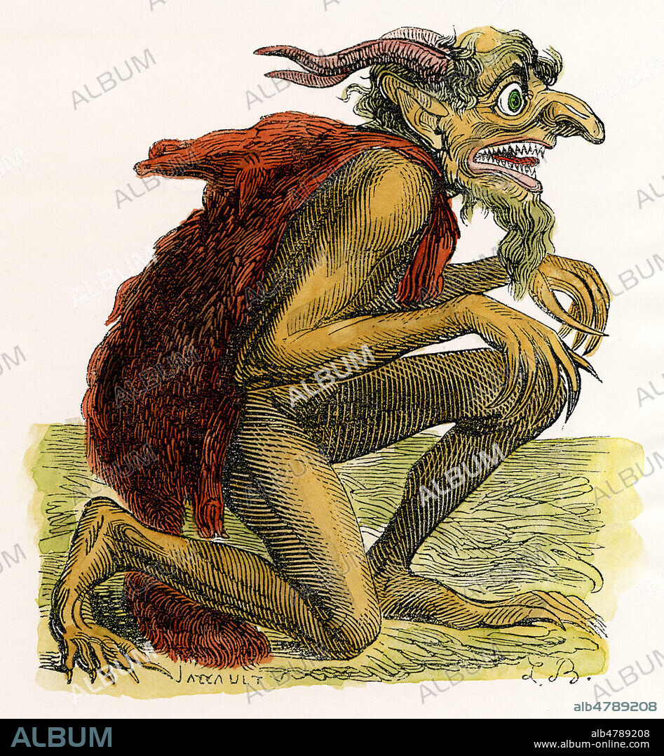EURYNOME. Demon superieur, prince de la mort, vetu d'une peau de renard et le corps couvert de plaies. Illustration de 1863 par Louis BRETON pour le Dictionnaire Infernal par Jacques COLLIN de PLANCY (1793-1887). Mise en couleur par nos soins. Credit Collection Jonas/Kharbine Tapabor.