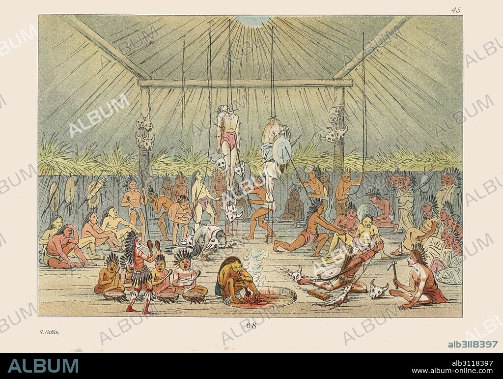Mandan religious ceremony - the body suspension ritual, part of the four-day O-Kee-Pa buffalo dance. Young men are suspended by the skin from scaffolds and hung with shields and bison skulls. Handcoloured lithograph from George Catlin's Manners, Customs and Condition of the North American Indians, London, 1841.