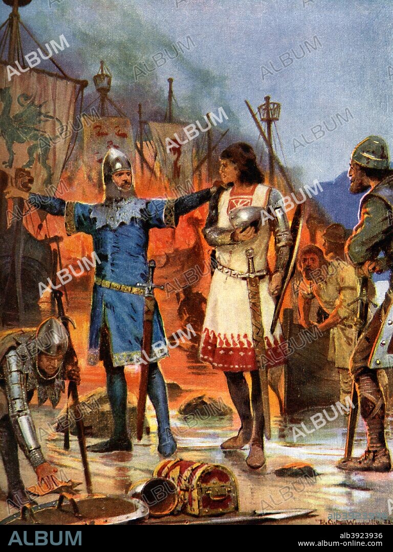 'Fitz-Stephen Burns his Boats, 1169 AD', (c1920). 'The Norman Fitz-Stephen Sent by Strongbow to Pacify Ireland Burns His Boats'. Illustration from Story of the British Nation, Volume I, Walter Hutchinson, (London, c1920s).