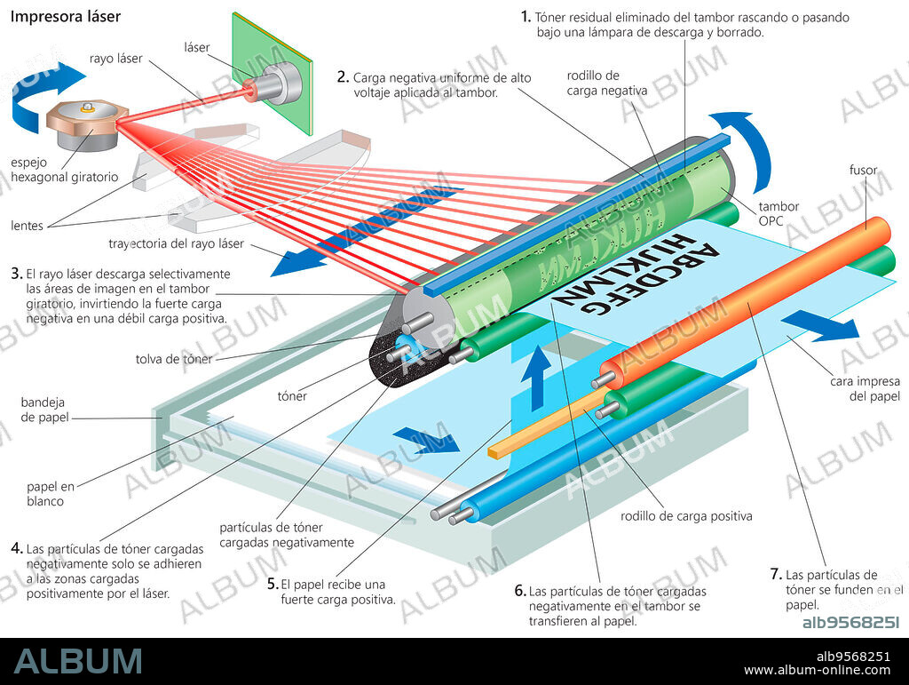Diagram of the operating process of a laser printer.