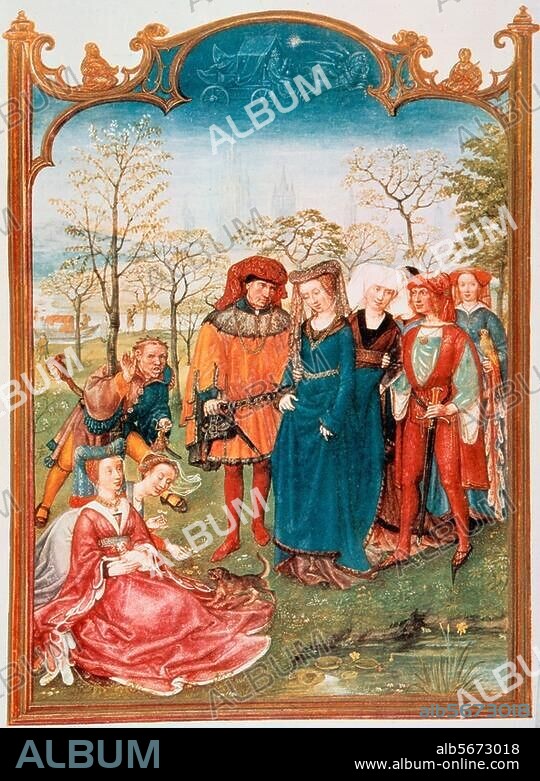 Enluminure, Bruges, atelier de Simon Bening, v. 1513/15. Avril : promenade pascale. In : Calendarium Grimani. Venise, Biblioteca di San Marco.