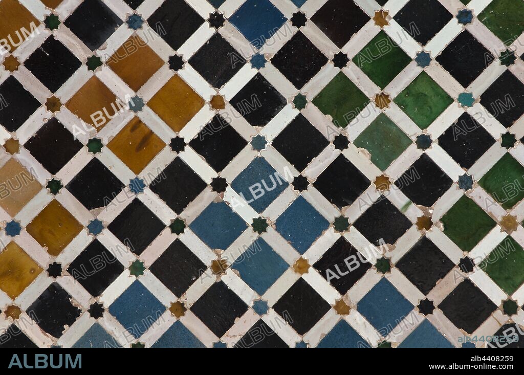 Court of the Myrtles - arab tiles, The Alhambra, Granada, Region of Andalusia, Spain, Europe.