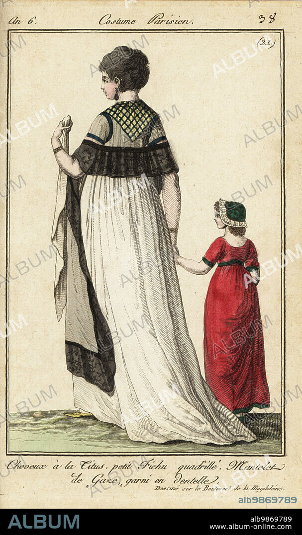 Woman in short hairstyle known as the Victim or Titus, 1798. Woman in Titus-style hair, small checked kerchief. Her seethrough gauze mantle is edged with lace. Girl in red tunic dress and bonnet. From models seen on the Boulevard de la Madeleine. Cheveux à la Titus, petit fichu quadrille mantelet gaze, garni en dentelle. Dessiné sur le Blvd de la Magdeleine. Handcoloured copperplate engraving from Pierre de la Mesangeres Journal des Modes et Dames, Paris, 1798. The illustrations in volume 1 were by Carle Vernet, Claude Louis Desrais and Philibert Louis Debucourt.