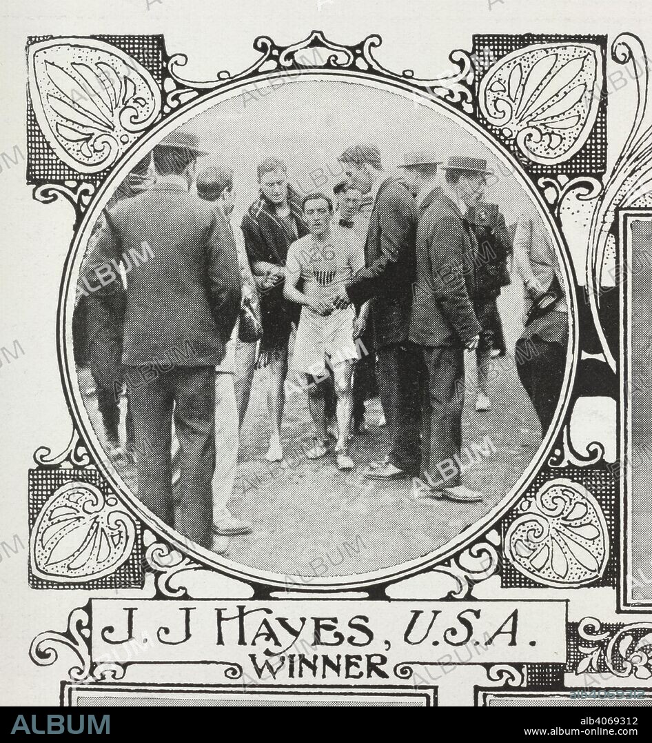 John "Johnny" Joseph Hayes was an American athlete, a member of the Irish American Athletic Club, and winner of the marathon race at the 1908 Summer Olympics. Illustrated London News supplement. August 1st, 1908. Source: Illustrated London News supplement. Language: English.