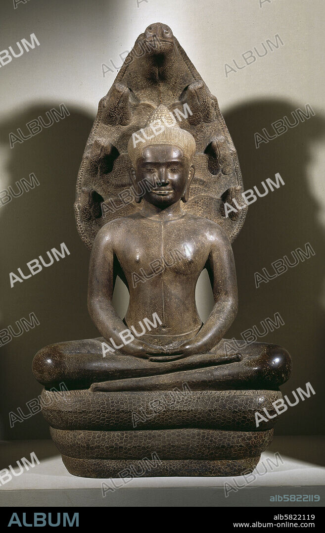 Buddha protected by Naga, the cobra who is the guardian of water and subterranean treasure. Plantation of Peam Chang (Konpong Cham). Angkor period, first half 12th Sandstone, H: 114 cm ka 1680.