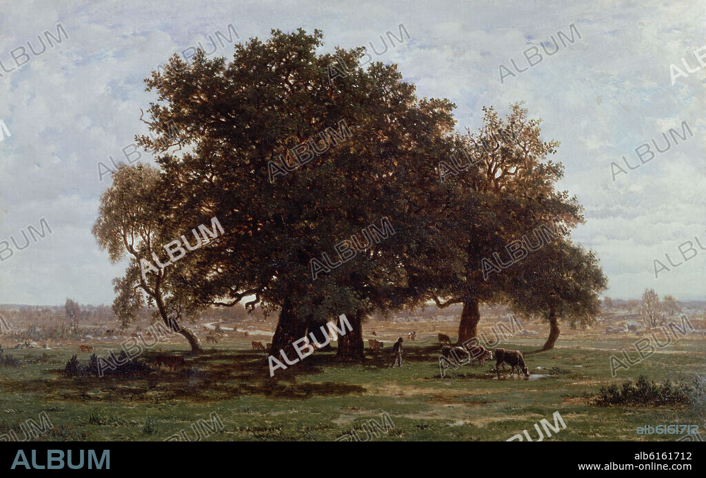 THÉODORE ROUSSEAU. French school. Oak Trees in the Gorge of Apremont. Grupo de robles en Apremont. c. 1850-52. Oil on canvas 63.5 x 99.5 cm. Paris, The musée du Louvre.