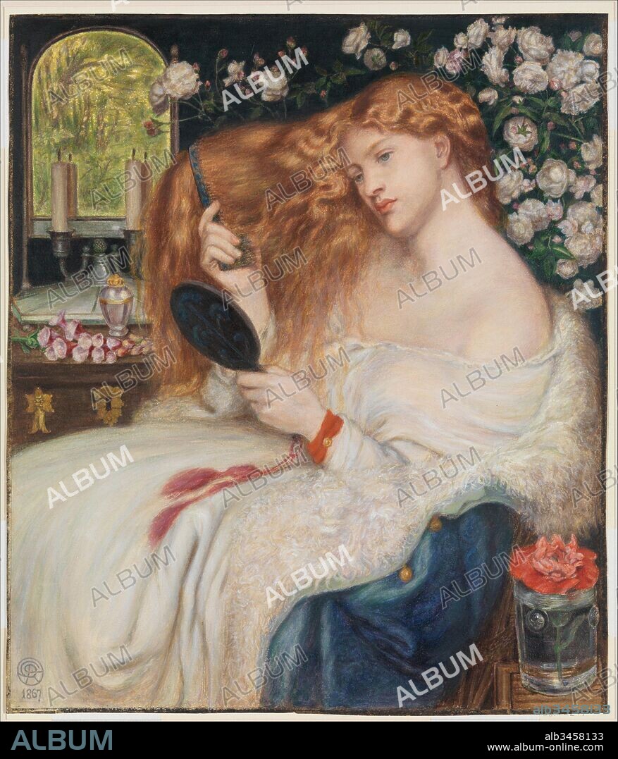 Lady Lilith, 1867, Watercolor and gouache on paper, 20 3/16 X 17 5/16 in. (51.3 x 44 cm), Drawings, Dante Gabriel Rossetti (British, London 1828–1882 Birchington-on-Sea), Henry Treffry Dunn (British, Truro 1838–1899 London), Fascinated by women’s physical allure, Rossetti here imagines a legendary femme fatale as a self-absorbed nineteenth-century beauty who combs her hair and seductively exposes her shoulders. Nearby flowers symbolize different kinds of love.
