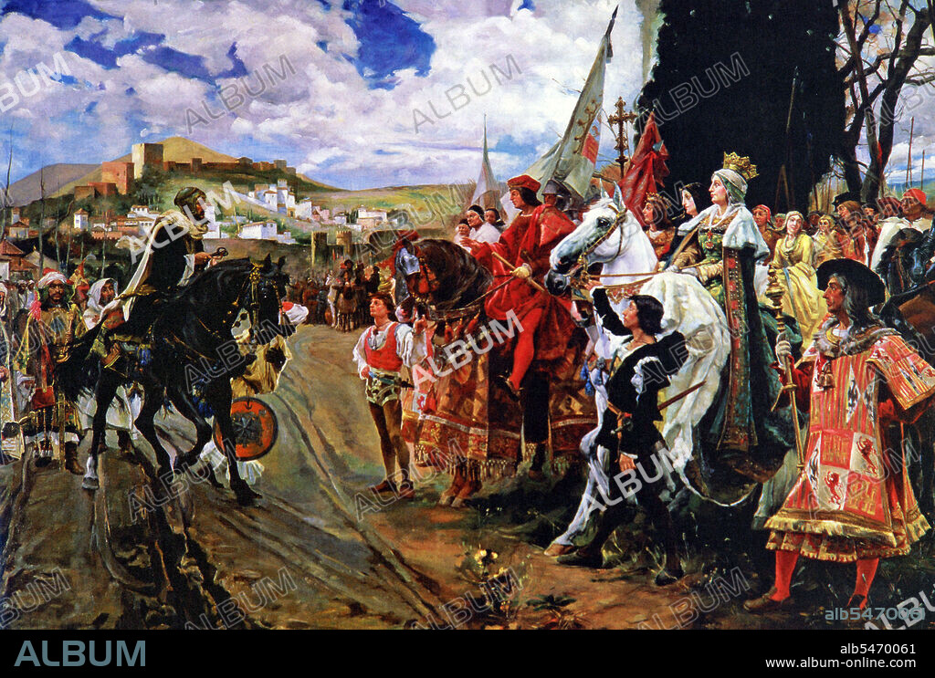 Abu 'abd-Allah Muhammad XII (c. 1460- c. 1533), known as Boabdil, was the 22nd and last Nasrid ruler of Granada. In 1491, Muhammad XII was summoned by Ferdinand and Isabella to surrender the city of Granada, and on his refusal it was besieged by the Castilians. Eventually, on 2 January, 1492, Granada was surrendered. In most sumptuous attire the royal procession moved from Santa Fe to a place a little more than a mile from Granada, where Ferdinand took up his position by the banks of the Genil to receive the keys to the city. Arab rule in Spain was over.