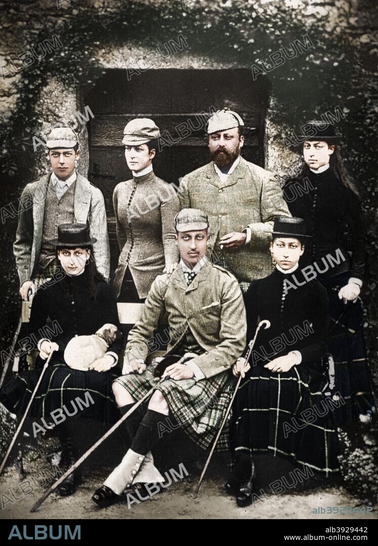 The Prince and Princess of Wales in shooting dress, 1900. The future King Edward VII (with beard) and guests, probably at Balmoral Castle. Illustration from The Life and Times of Queen Victoria, by Robert Wilson, Volume IV, Cassell and Company, (London, Paris, New York, Melbourne, 1900). (Colorised black and white print).