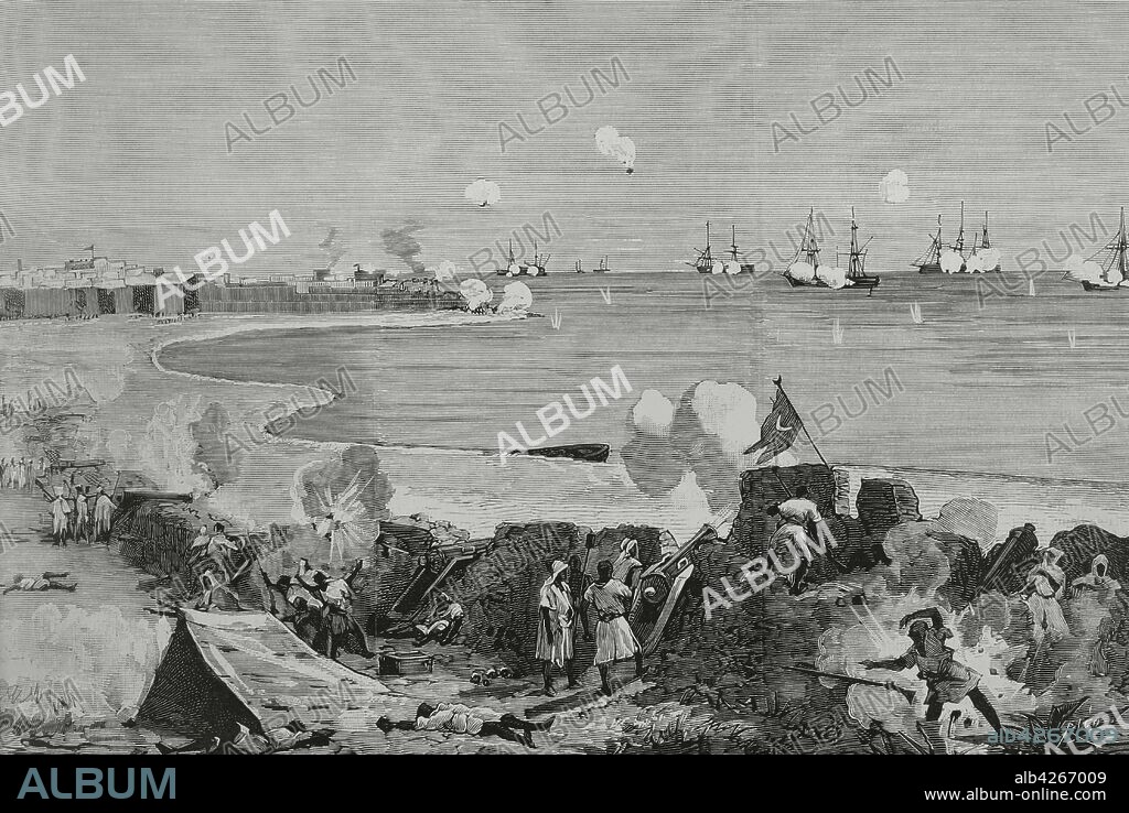Túnez. Tras la conquista de Túnes por Francia, y la constitución del Protectorado Francés en 1881, se vivieron posteriormente algunas revueltas en las regiones de Kairuán y Sfax. Control de la insurrección tunecina en la ciudad portuaria de Sfax. Bombardeo por la escuadra de la armada francesa el 16 de julio de 1881. Grabado por Tomás Carlos Capuz (1834-1899). La Ilustración Española y Americana,30 de julio de 1881.