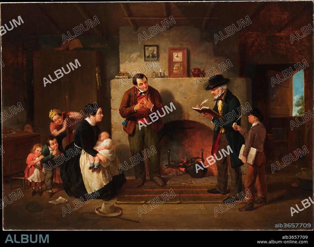 Taking the Census. Artist: Francis William Edmonds (American, Hudson, New York 1806-1863 Bronxville, New York). Dimensions: 28 x 38 in. (71.1 x 96.5 cm). Date: 1854.
The United States Census of 1850 initiated the requirement that heads of households provide information about each of their dependents. The new regulation caused a good deal of confusion. Edmonds's humorous image, which is the earliest known portrayal of the census-taking process, features a father's painstaking efforts to recall his family statistics, while several of his children hide from sight. The small framed portrait of George Washington above the mantel evokes not only the genesis of the country's political system but also the legendary admonition never to tell a lie. The carefully lit interior and wealth of detail in the composition were inspired, in part, by earlier Dutch genre scenes.