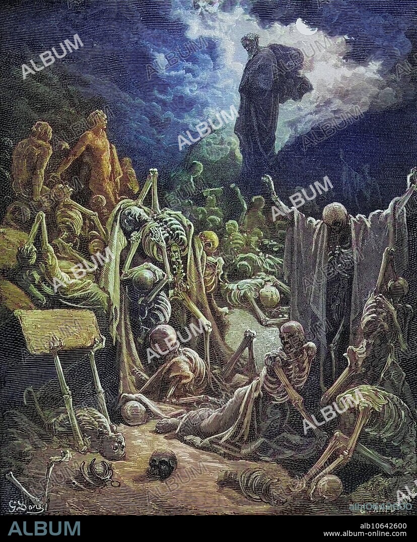 Copperplate engraving from the Dore Bible illustrating Ezekiel 37 1 and 2 The Vision of the Valley of the Dry Bones by Gustave Dore 1832-1883 French artist and illustrator, Historical, digitally restored reproduction from a 19th century original, Record date not stated