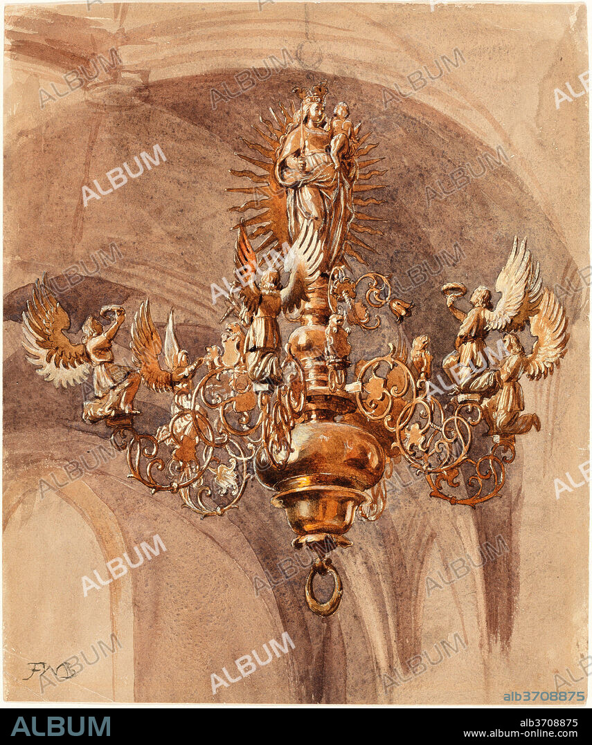 SIR FREDERIC WILLIAM BURTON. A Chandelier with the Virgin Mary Holding the Christ Child. Dimensions: overall: 29.7 x 25 cm (11 11/16 x 9 13/16 in.). Medium: pen and brown ink with watercolor over graphite, heightened with white, on wove paper.