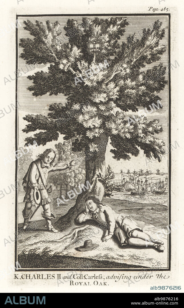Royalist William Careless hiding King Chales II from Oliver Cromwell's troops in the branches of an oak tree after the Battle of Worcester, 1651. In the background, a fierce naval battle on the River Severn. King Charles II and Colonel Careless, advising under the Royal Oak. Copperplate engraving from Samuel Woodburns Gallery of Rare Portraits Consisting of Original Plates, George Jones, 102 St Martins Lane, London, 1816.